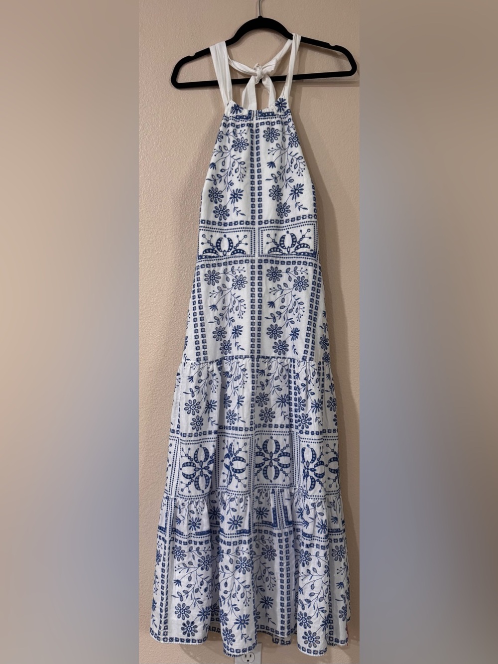Milly Hayden Tile Eyelet Tiered Halter Maxi Dress Blue White NWT 8